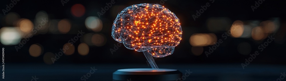 Poster a glowing brain model displayed on a black platform in the darkness