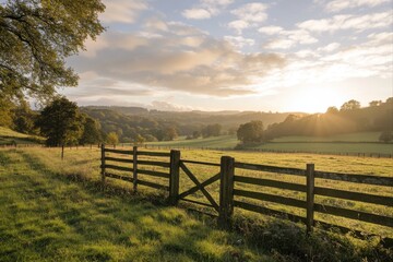 Fototapeta premium Scenic countryside landscape with wooden fence and sunrise for travel, nature, and background use