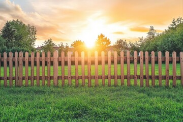 Obraz premium Wooden fence with green lawn and sunset sky, ideal for garden design and landscape concepts.