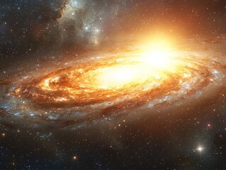 Fototapeta premium A vibrant spiral galaxy with a bright, fiery core, surrounded by swirling arms of gas and dust, set against a backdrop of distant stars and nebulae