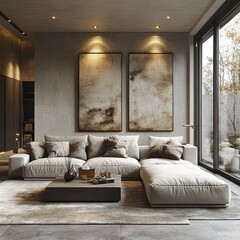 Modern, minimalist living area with neutral tones and large abstract art
