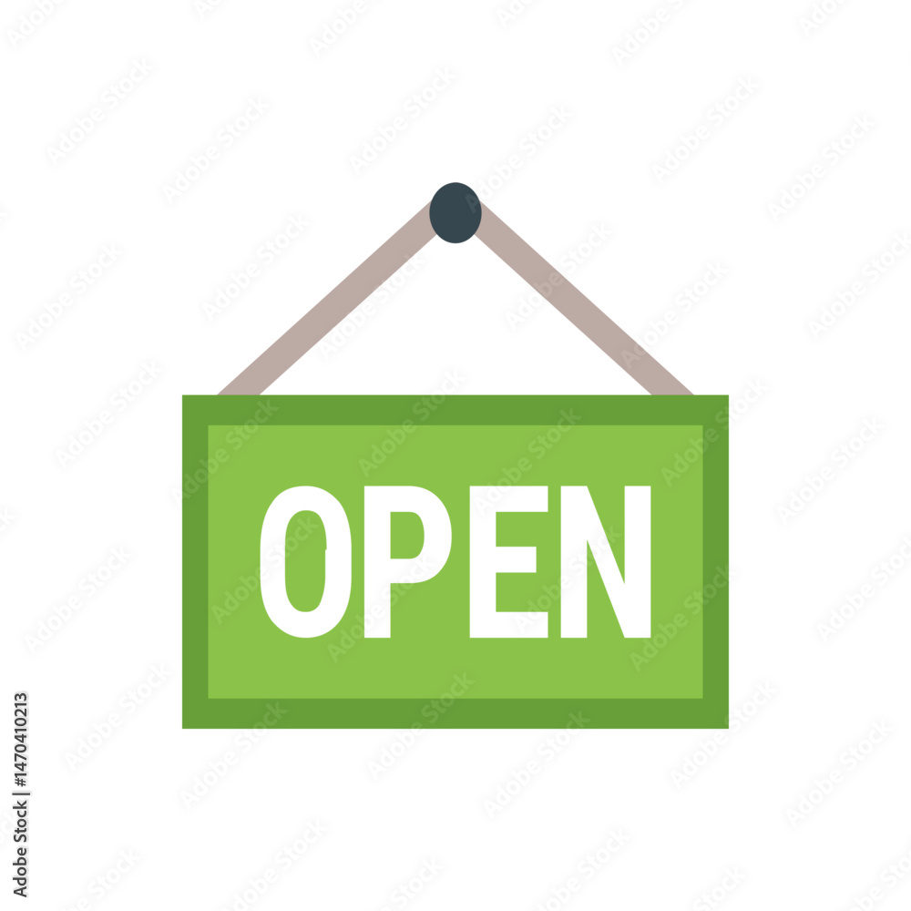 Poster a green open sign hanging with white text indicating that a store or business is currently open toda