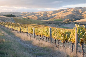 Fototapeta premium Vineyard landscape with hills, showcasing agriculture and viticulture for wine production, tourism, and scenic views.