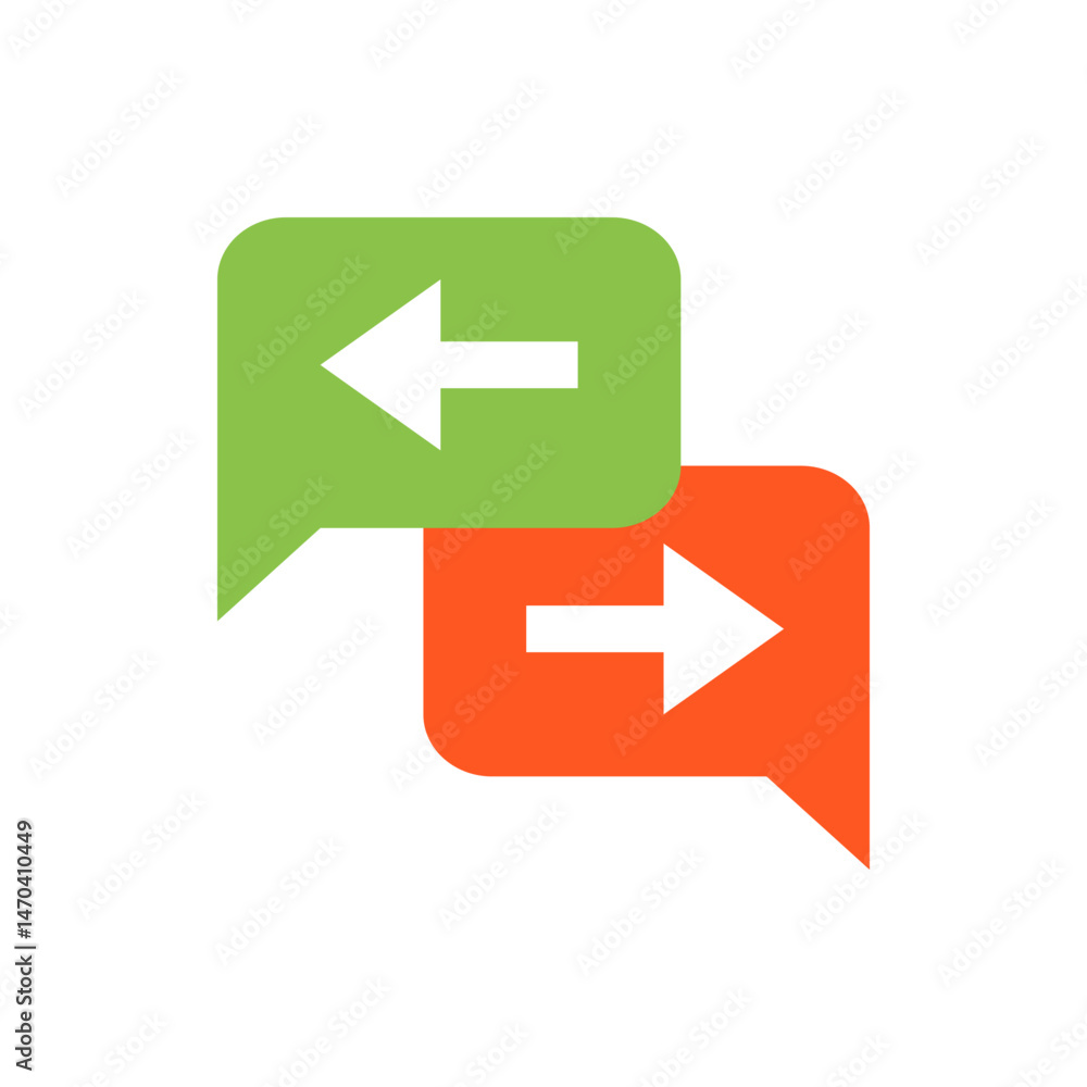 Poster two speech bubbles with arrows pointing in opposite directions representing communication or feedbac