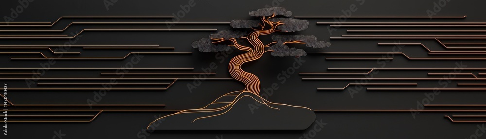 Poster A stylized digital tree with lines on a dark background