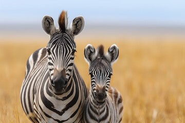 Naklejka premium Zebra and foal stand facing each other in golden grassland under a clear blue sky in the savanna