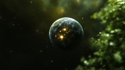 Planet with City Lights and Greenery