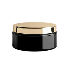 A black jar with a gold lid on a black background