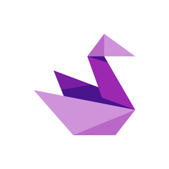 Geometric origami swan in shades of purple with folded paper effect on a white background design element © Farhan