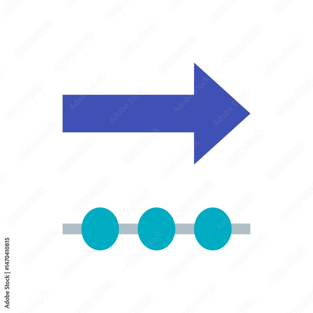 Poster a rightward pointing arrow above three cyan circles aligned on a gray line on a white background vie