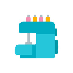Illustration of a blue sewing machine with pink and yellow spools of thread on top of the machine