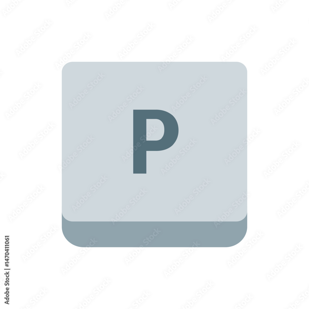 Poster illustration of a gray rounded square button with the letter p in the center on a white background i