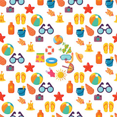 A bright seamless pattern filled with diverse summer vacation item