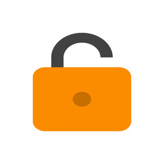 An orange padlock with a dark gray shackle is displayed against a white background in a simple style