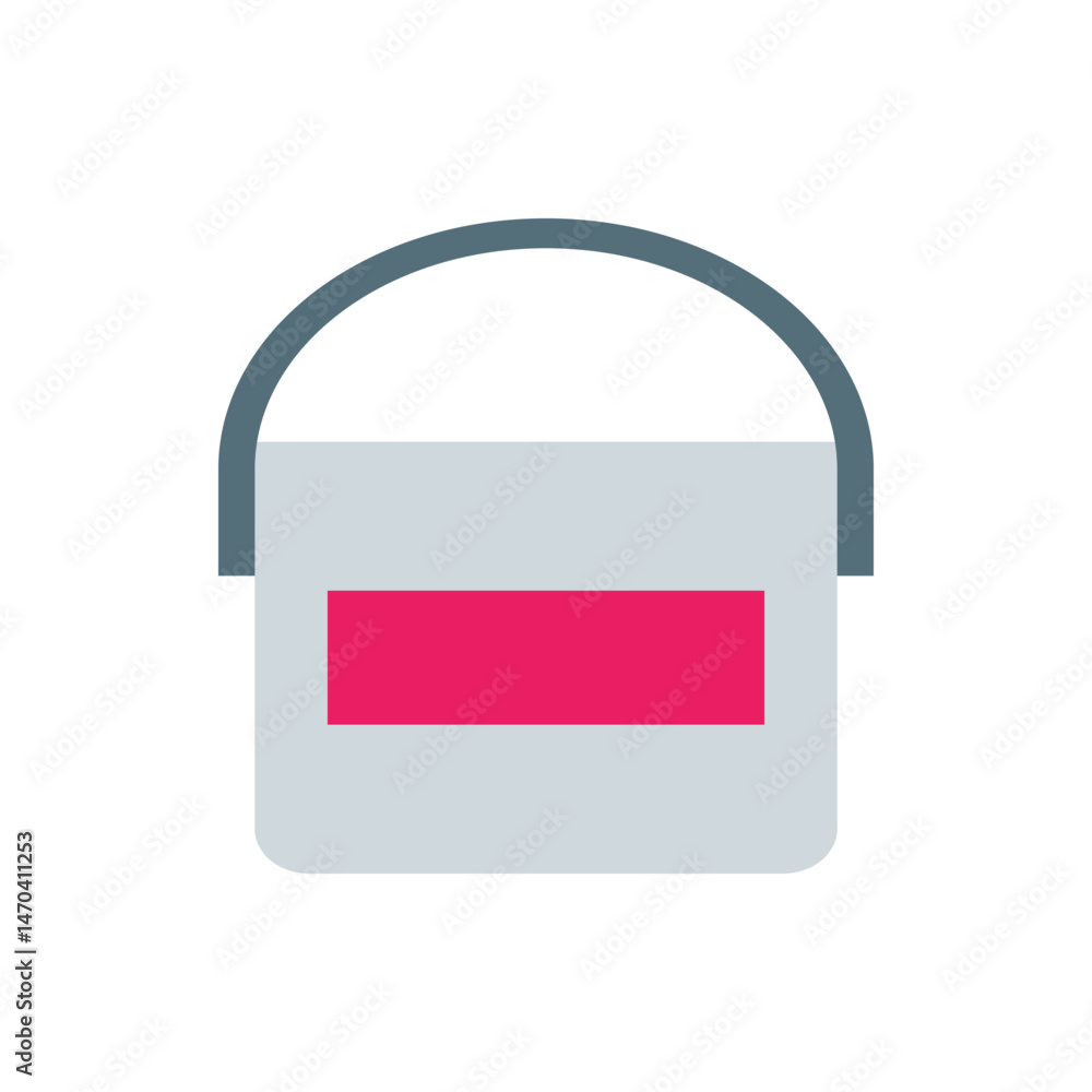 Poster illustration of a gray paint bucket with a matching handle and a pink rectangle in the middle sectio
