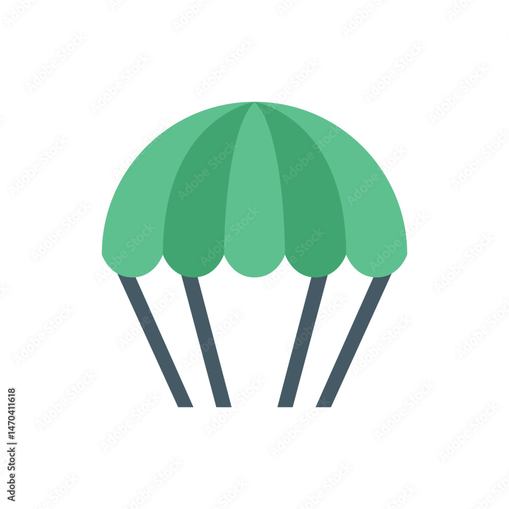 Poster illustration of a green parachute with grey strings against a plain white backdrop in a simple style