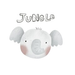 cartoon elephant, hand drawing lettering. Colorful illustration for kids, flat style. baby design for card, poster, print on t-shirt