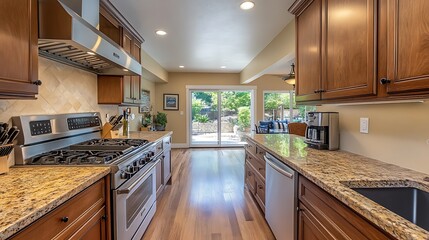 Fototapeta premium A contemporary kitchen featuring a professional-grade stove, wine cooler, and smart appliances, with a modern open-concept design, captured in ultra HD. 