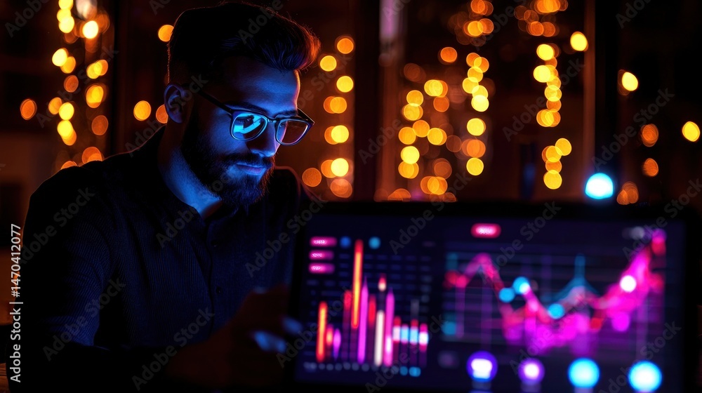 Poster a man with glasses examines a data screen closely