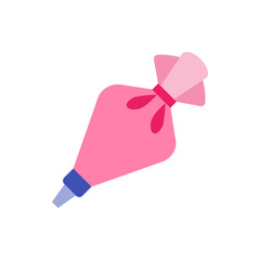 Illustration of a pink pastry bag with a blue tip and a pink tie on a white background space filler