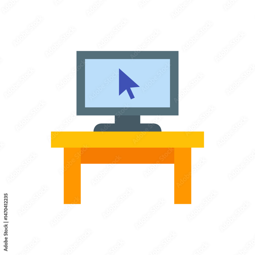 Poster a computer with a blue cursor on the screen sitting on a yellow and orange desk in a simple illustra