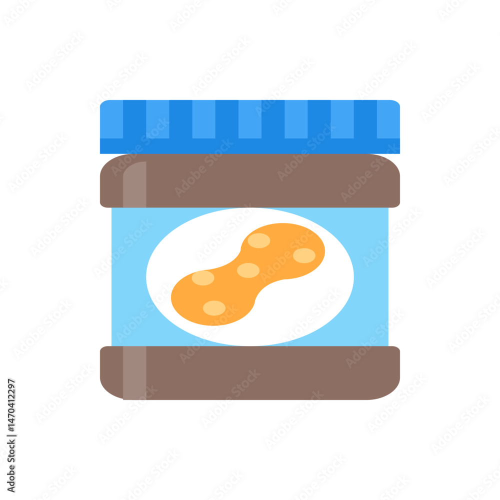 Poster illustration of a peanut butter jar with a blue lid and a peanut on the label in a simple style