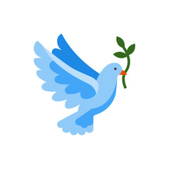 Illustration of a light blue dove in flight holding a green olive branch in its beak on white background