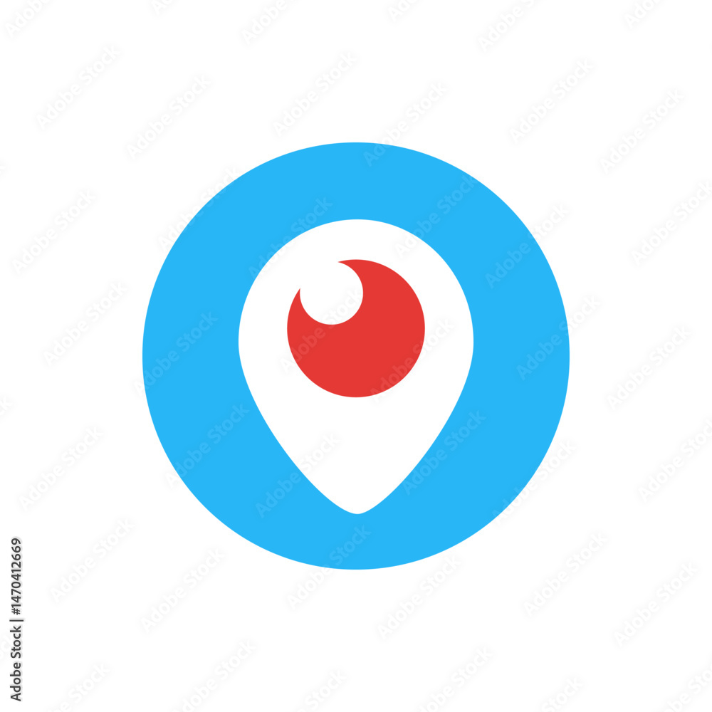 Poster a stylized location pin with a red eye inside a white teardrop shape inside a blue circle background