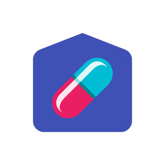Illustration of a capsule pill with red and blue halves inside a rounded blue house shaped square icon