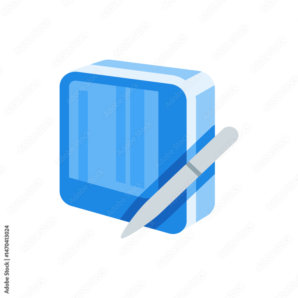 Poster illustration of a blue notepad with rounded corners and a light gray pen resting against the notepad