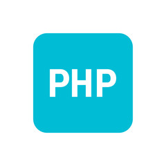 Php text in white color over a rounded cornered square shape with bright blue background for web development