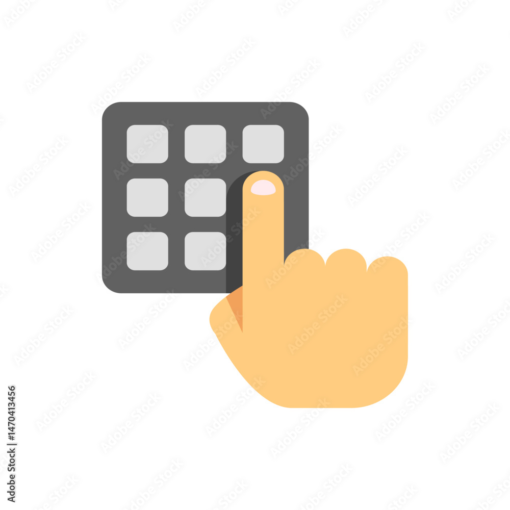 Poster a hand presses a button on a gray keypad with rounded corners and nine light gray square buttons arr