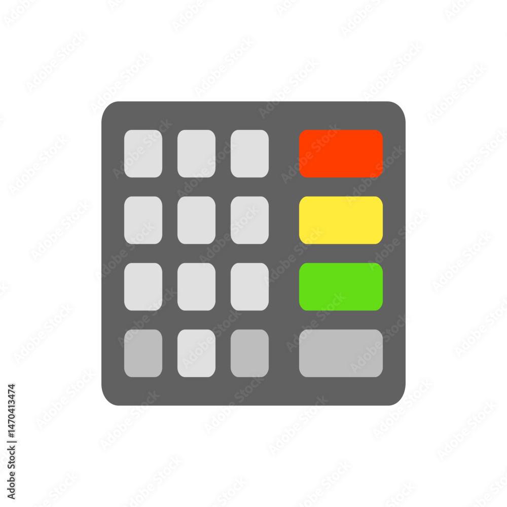 Poster a grey pad controller with multiple square buttons and three colored rectangular buttons on the righ