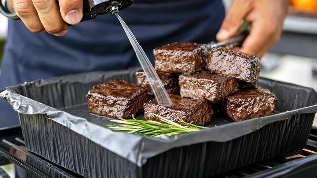 Hands pour seasoning over perfectly grilled beef steaks garnished with fresh herbs in an outdoor barbecue setup