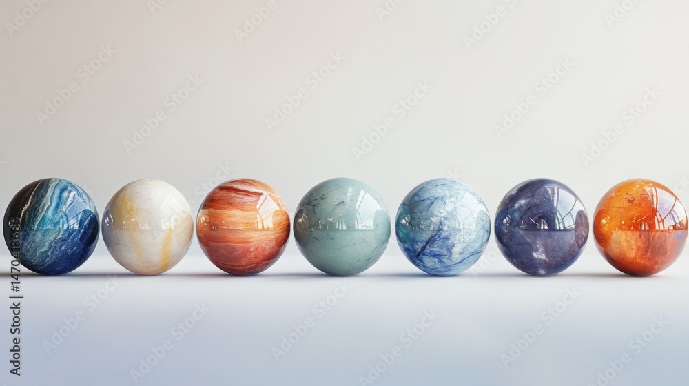 Poster polished spheres in a row symbolizing unity and diversity