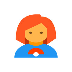 Illustration of a person with orange hair and a blue shirt with a red and white design on the front