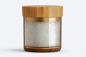Glass jar with a wooden lid filled with white bath salts.