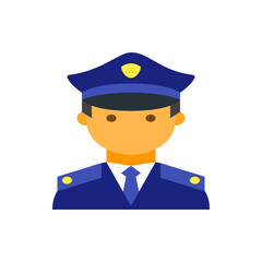 Illustration of a police officer with a blue uniform and hat against a white background in a flat style