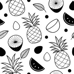 Seamless pattern of hand drawn pineapples kiwi watermelon and leaves