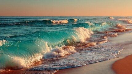 Naklejka premium Ocean waves crashing on a sandy shore at sunset