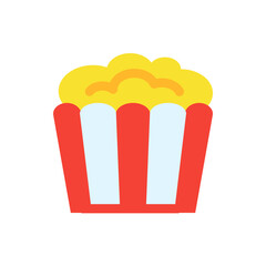 Illustration of a container of popcorn with red and white stripes and fluffy yellow popcorn overflowing out