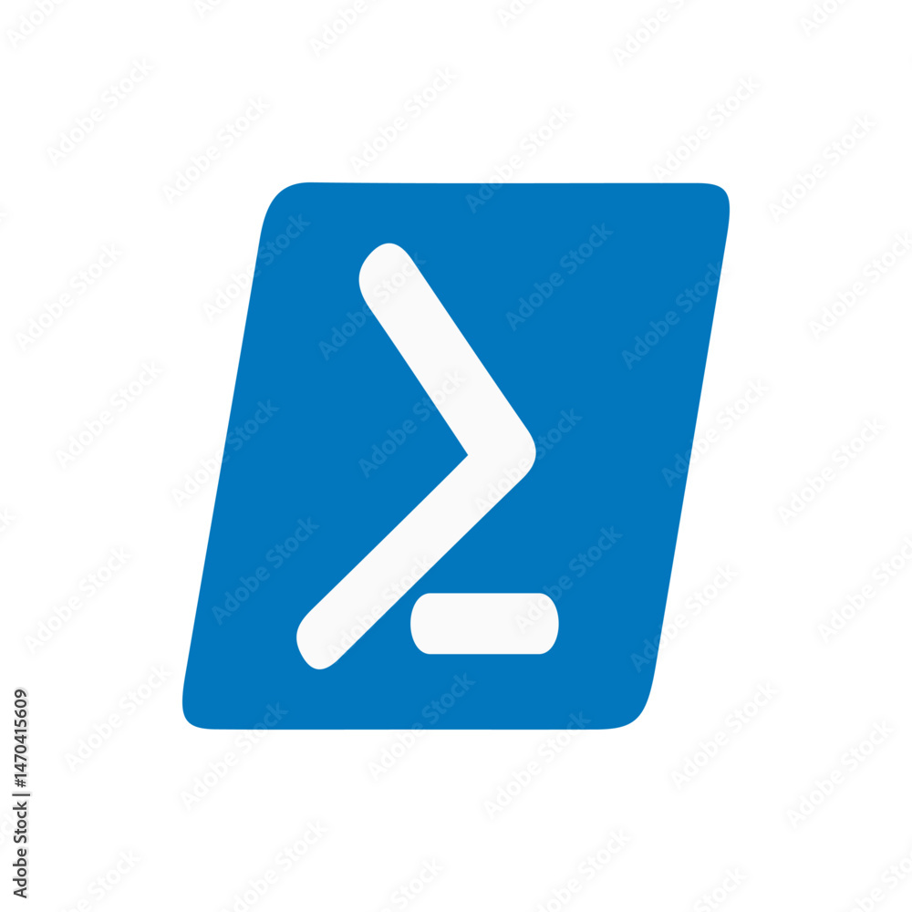 Poster blue parallelogram with rounded corners containing a white greater than symbol and dash shape inside