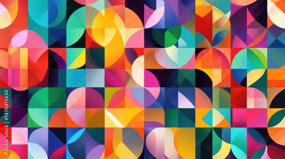 Poster a vibrant geometric pattern features a blend of colorful shapes and hues arranged in an abstract gri
