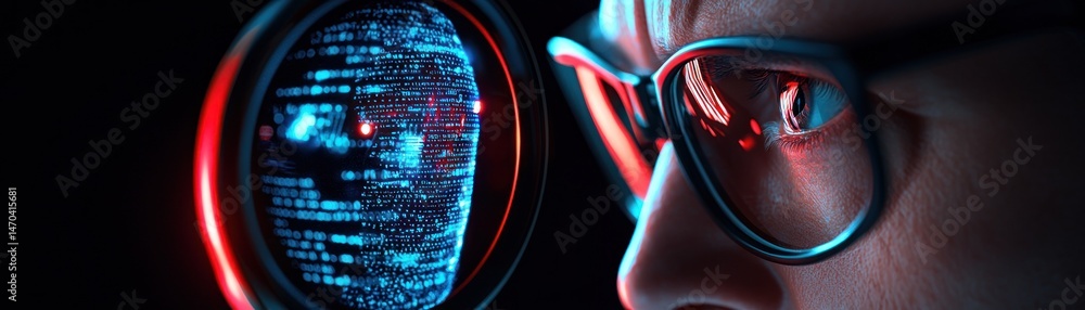 Poster A person observing a digital face on a circular display screen