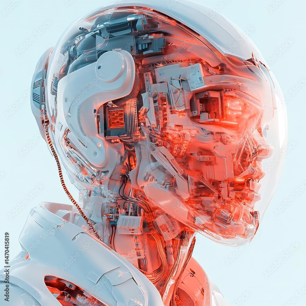 Poster advanced humanoid robot head revealing intricate internal mechanisms and design