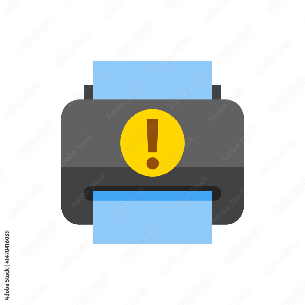 Poster illustration of a printer with a yellow exclamation mark indicating an error or warning message disp