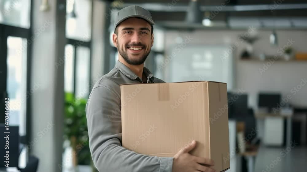 Poster In a well-lit office setting, a smiling delivery man in uniform is holding a cardboard box, offering reliable delivery service with secure and on-time handling. He is professional, and efficient.