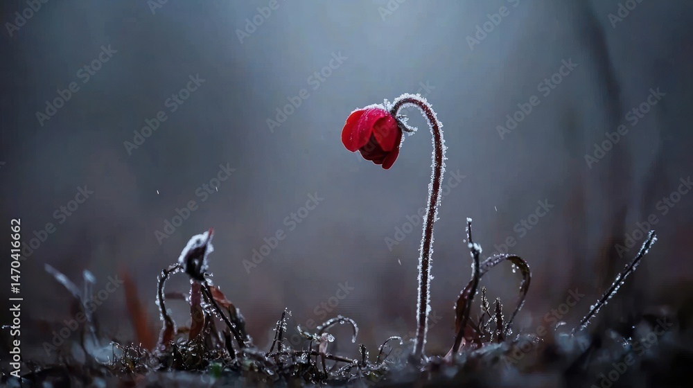 Poster a single red flower with frost in a monochrome environment