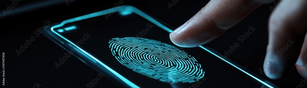 Poster Finger touches screen showing an illuminated fingerprint for authentication
