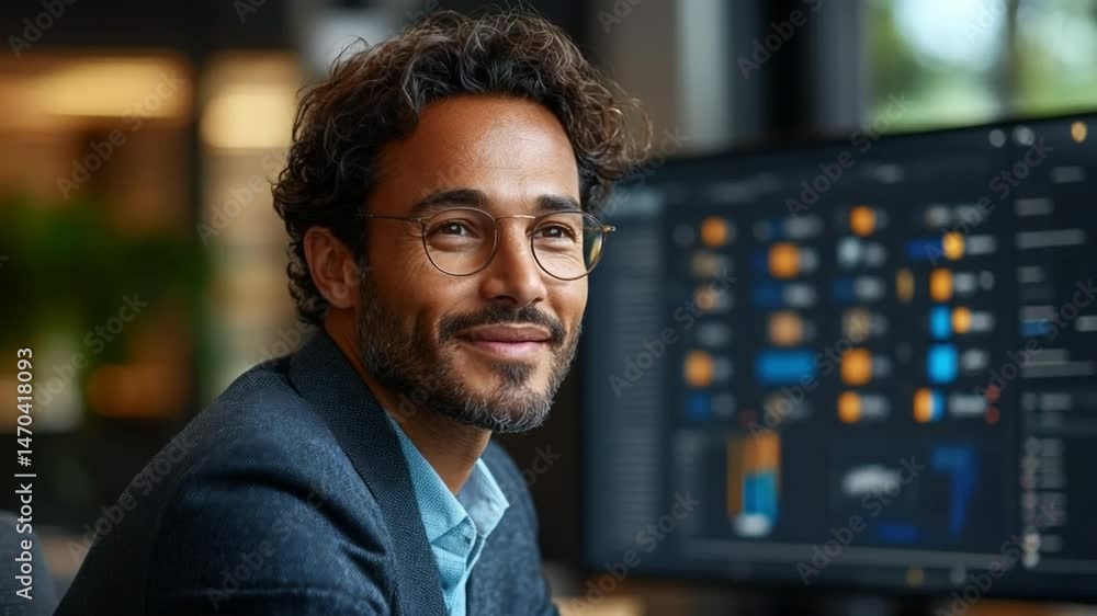 Poster focused analyst at work: a contemplative analyst is seen, eyes gleaming with a spark of insight, aga